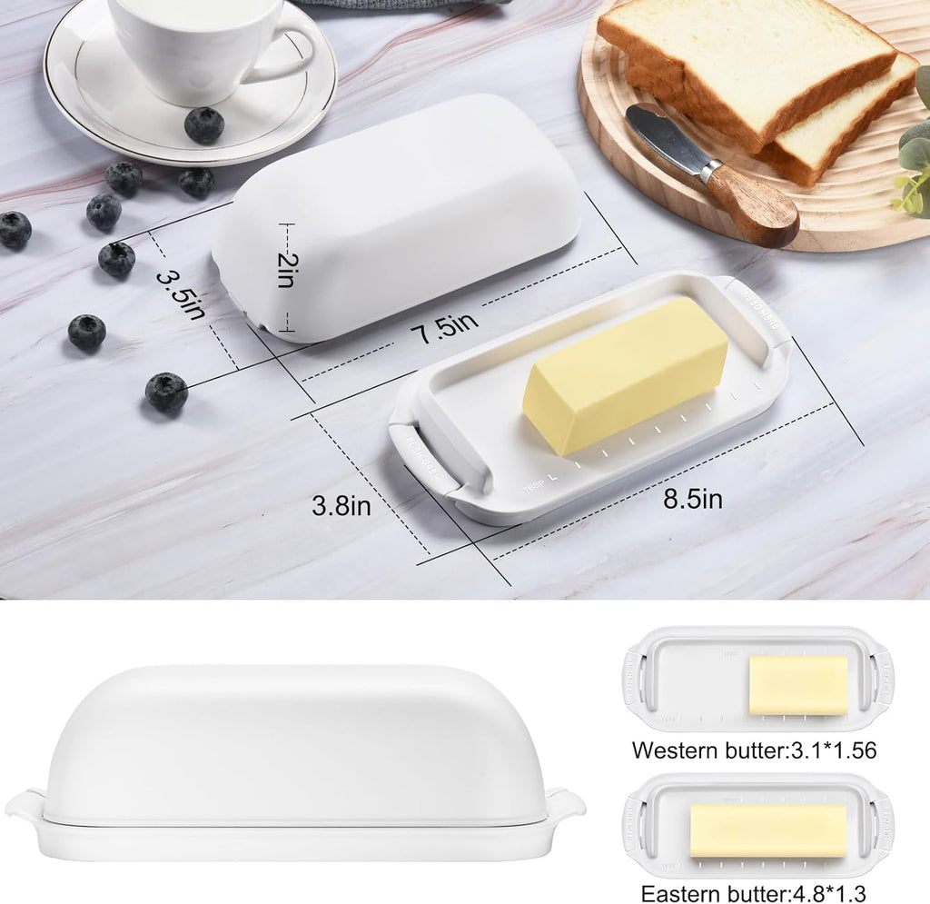 AONCO Butter Dish with Lid, Butter Container Holds for Countertop, Unbreakable Butter Keeper for Home Kitchen Decor, Perfect for East/West Coast Butter, BPA-free, Microwave/Dishwasher Safe (White)