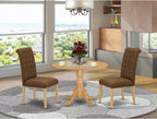 East West Furniture DLBR3-OAK-18 3 Piece Kitchen Table & Chairs Set Contains a Round Dining Table with Dropleaf and 2 Brown Linen Linen Fabric Upholstered Chairs, 42x42 Inch, Oak
