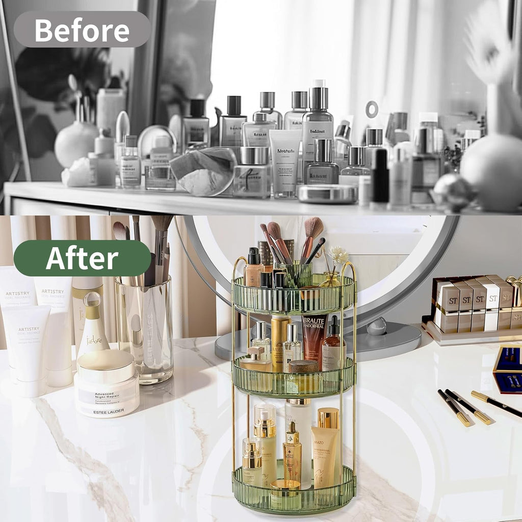 360 Rotating Makeup Organizer,3 Tier Large Capacity Make Up Organizers and Storage,Skincare Perfume Vanity Organizers,Bathroom Cosmetics Storage Organizer Countertop (Green)