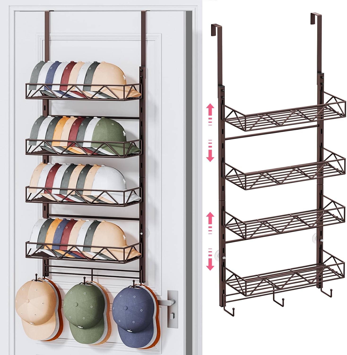 SWTYMIKI Over Door Hat Organizer - 5 Tier Wall Mounted Hat Rack with 4 Adjustable Metal Basket and 3 Hooks, Hanging Baseball Cap Organizer Storage Holds up to 49 Caps for Door, Bedroom, Closet