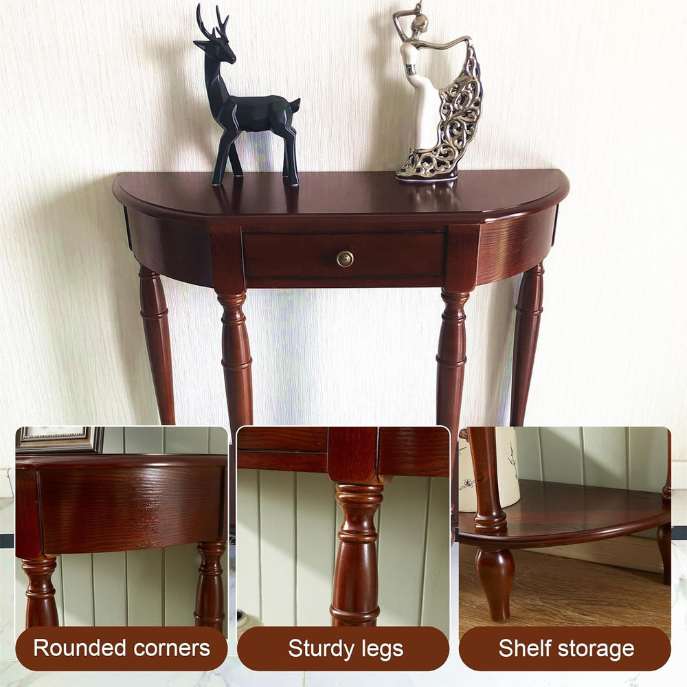 Half Moon Console Table, Solid Wood Console Tables with Drawer and Shelf, for...