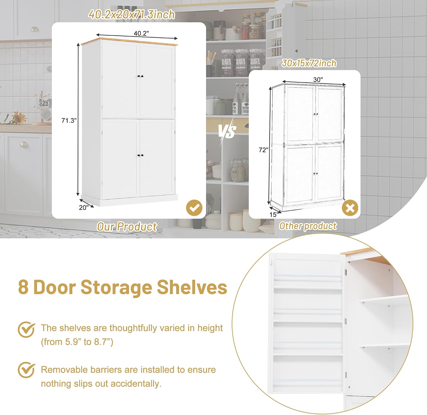 71.3" Tall Kitchen Pantry Storage Cabinet with 4 Doors, 2 Drawers, 2 Adjustable Shelves, 8 Door Shelves, Freestanding Kitchen Hutch Cabinet Cupboard for Kitchen, Dining Room (White)