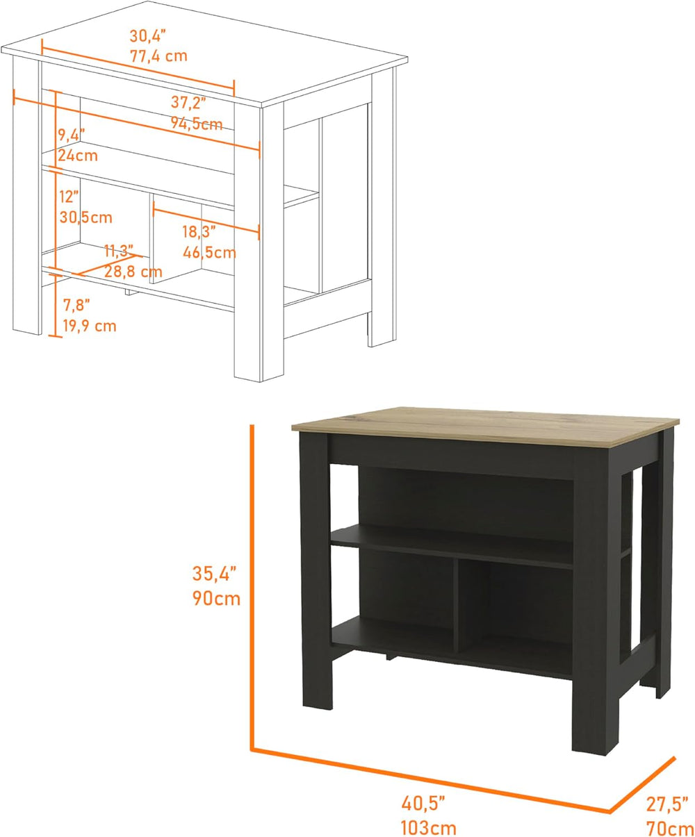 Kitchen Island with Open Shelves, Black and Light Oak, 103 cm | 3 Storage She...