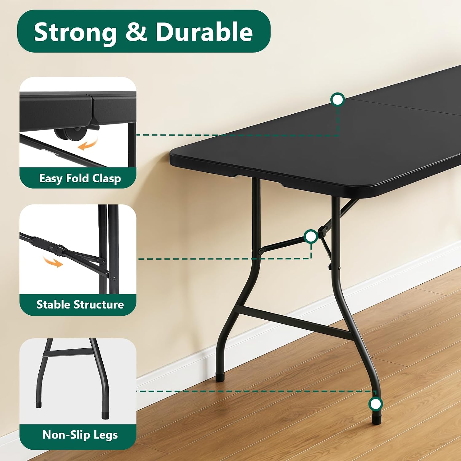 Folding Table 6FT Heavy Duty Plastic Table with Handle, Foldable&Portable, Fold-in-Half Utility Tables for Outdoor, Dining, Wedding, Events, Indoor, Picnic, Camping, Party, Black