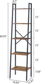 Hoctieon Industrial Ladder Bookshelf, Multifunctional Ladder Shelf, 5-Tier Tall Bookshelf, Open Ladder Shelf Bookcase, for Living Room, Home Office, Kitchen, Bedroom, Metal Frame, Rustic Brown