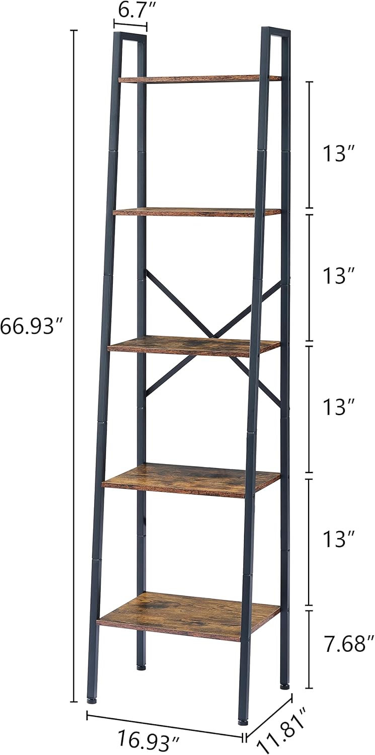 Hoctieon Industrial Ladder Bookshelf, Multifunctional Ladder Shelf, 5-Tier Tall Bookshelf, Open Ladder Shelf Bookcase, for Living Room, Home Office, Kitchen, Bedroom, Metal Frame, Rustic Brown