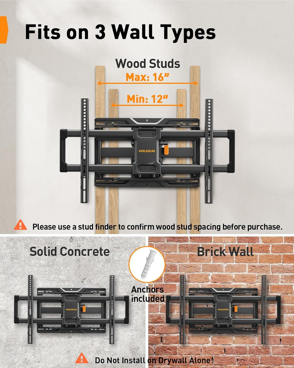 Perlegear Full Motion TV Wall Mount for 42–86 inch TVs up to 132 lbs | 30% th...