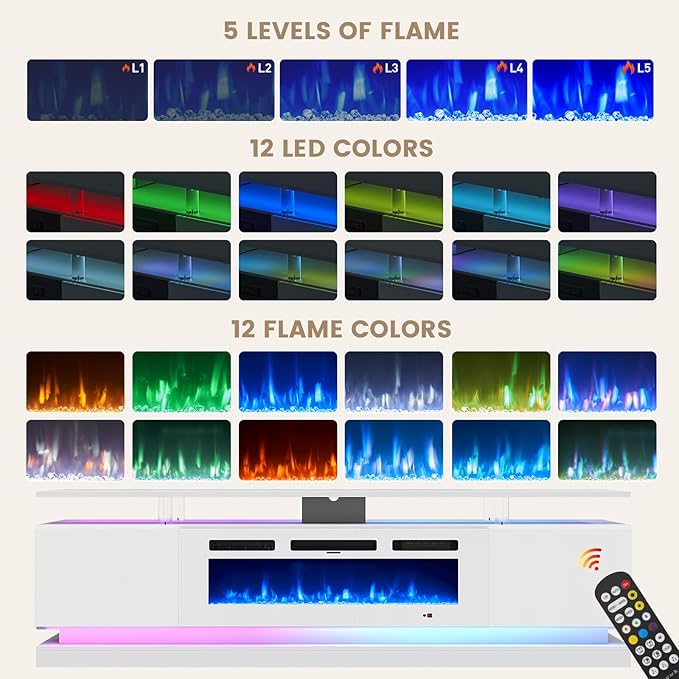 70" Fireplace TV Stand, Modern Entertainment Center for TVs Up to 80”, TV Console with Storage Cabinets, Media Console for Living Room, White TV Stand and White Fireplace