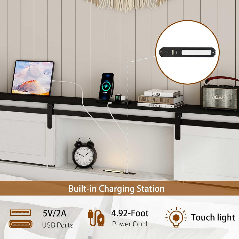 Peanu King Bed Frame, Charging Station, White Metal Storage Headboard