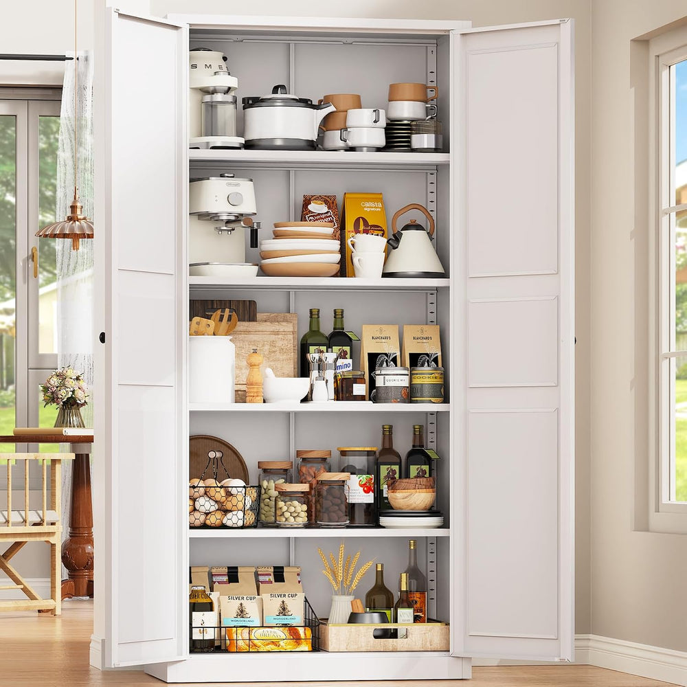 71"Kitchen Pantry Cabinet,White Metal Pantry Cabinet with 2 Doors & ...