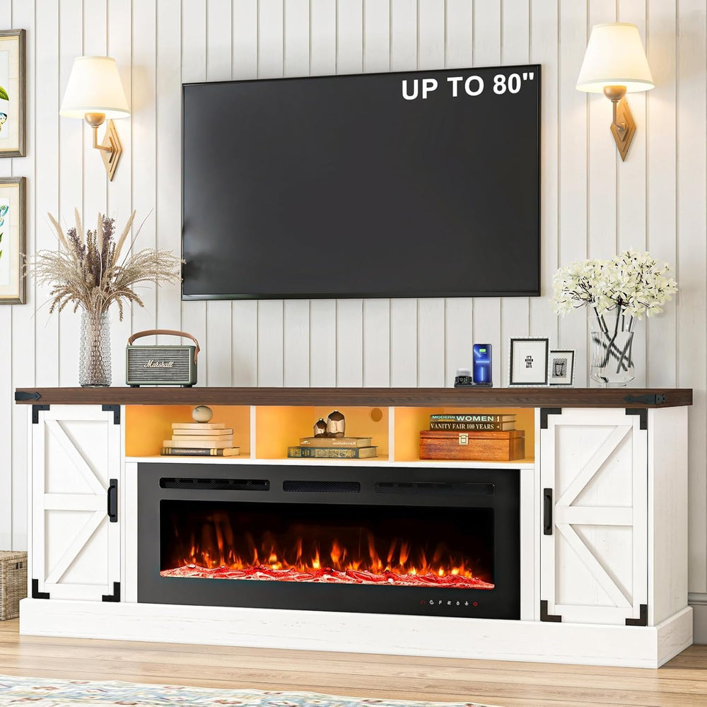 77 INCH Fireplace TV Stand for 85 Inch TVs, Farmhouse Entertainment Center wi...