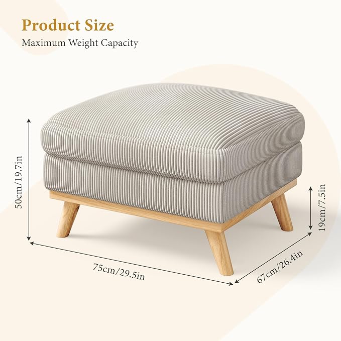Vesgantti Large Ottoman for Modular Sofa, 29.5" Corduroy Ottoman with Spring Cushion, Rectangle Foot Rest for Couch, Entrance Footstool with Wood Legs, Footstool for Living Room, Bedroom, Light Gray