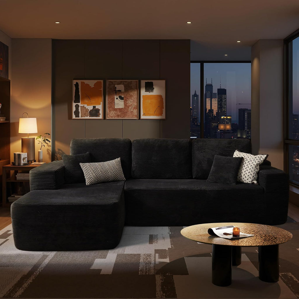 ovios 104" Cloud Boneless Couch with Glitter Fabric, Moudular Sectional Sofa with Deep Seat, No Assembly Required, Modern Minimalist L Shaped Couches with Chaise for Living Room, Black
