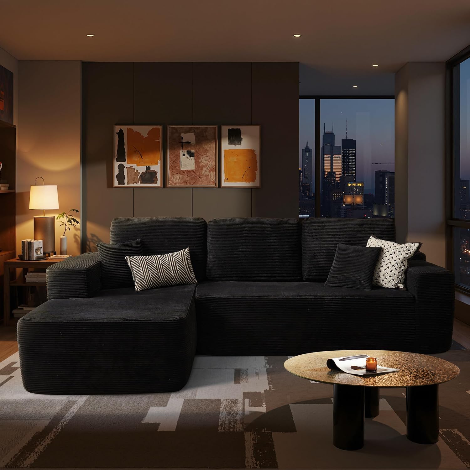 ovios 104" Cloud Boneless Couch with Glitter Fabric, Moudular Sectional Sofa with Deep Seat, No Assembly Required, Modern Minimalist L Shaped Couches with Chaise for Living Room, Black