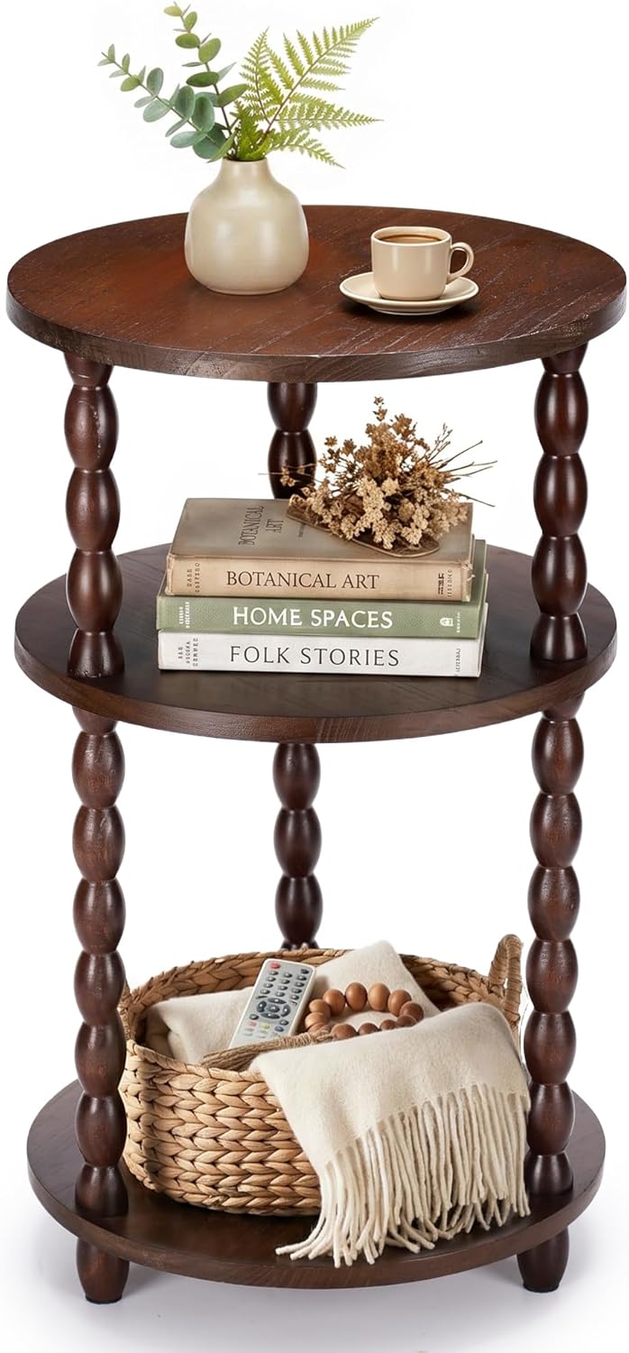 Small Round Side Table, 3-Tier Solid Wood End Table with Storage Shelf, Moder...