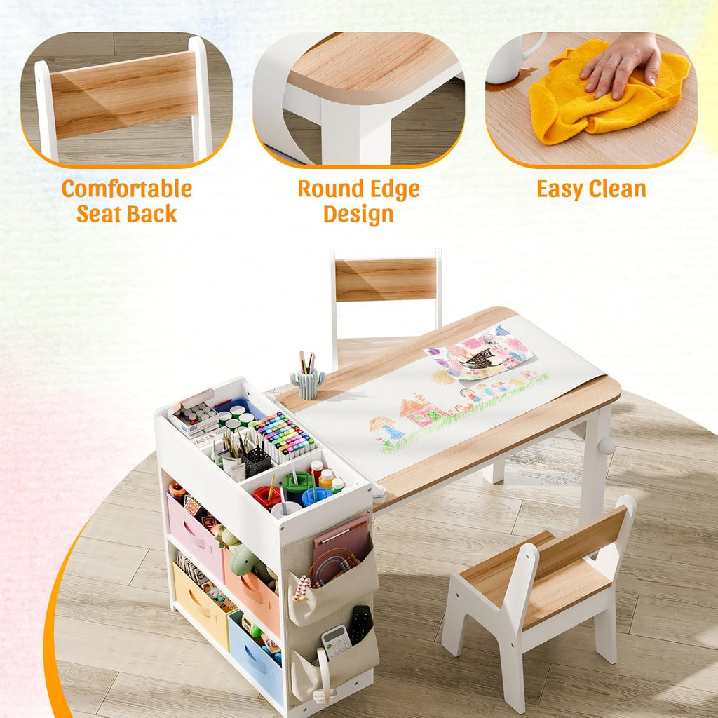 IKALIFE Kids Art Table and Chair - Toddler Craft Table and Chairs Set with 2 Chair & Bins, Large Storage Kids Activity Desk with Paper Roll for Playrooms & Classroom, 40" L x 20" W, Natural