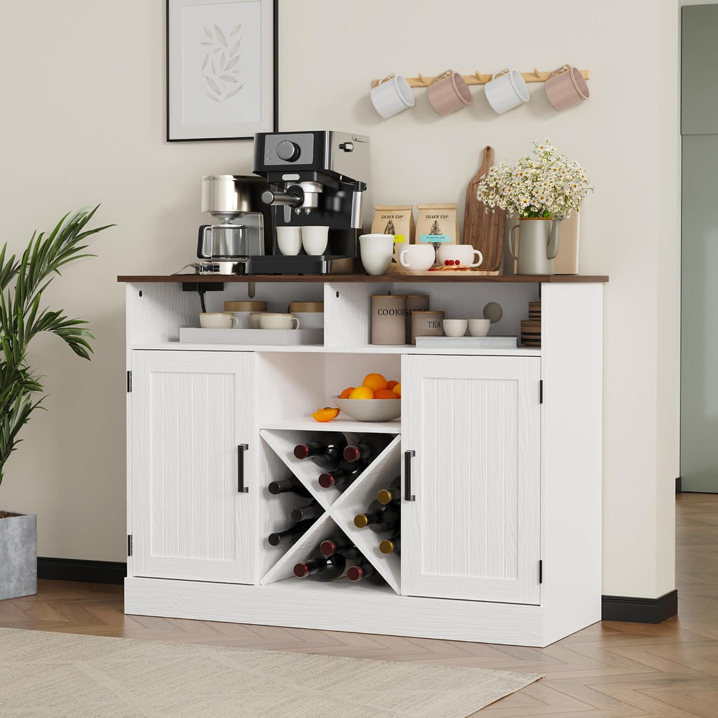 MHOM Farmhouse Coffee Bar Cabinet with Prower Outlets, Rustic Liquor Cabinet with Wine Rack, Wooden Wine Cabinet for Dining Room & Living Room, White