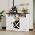 MHOM Farmhouse Coffee Bar Cabinet with Prower Outlets, Rustic Liquor Cabinet with Wine Rack, Wooden Wine Cabinet for Dining Room & Living Room, White