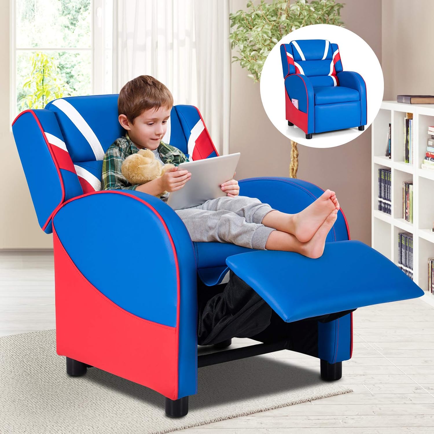 HONEY JOY Kids Recliner, Youth Gaming Reclining Chair w/Side Pocket, Ergonomic Headrest & Footrest, Upholstered Leather Lounge Chair for Boys Girls, Manual Adjustable Single Sofa Chair for Living Room