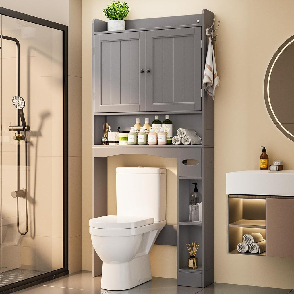 Ahomly Over The Toilet Storage Cabinet, 32.3" W Over Toilet Bathroom Organizer with Doors, Adjustable Shelves, Toilet Paper Holder, 2 Side Hooks, Space-Saver for Bathroom, Laundry, Grey