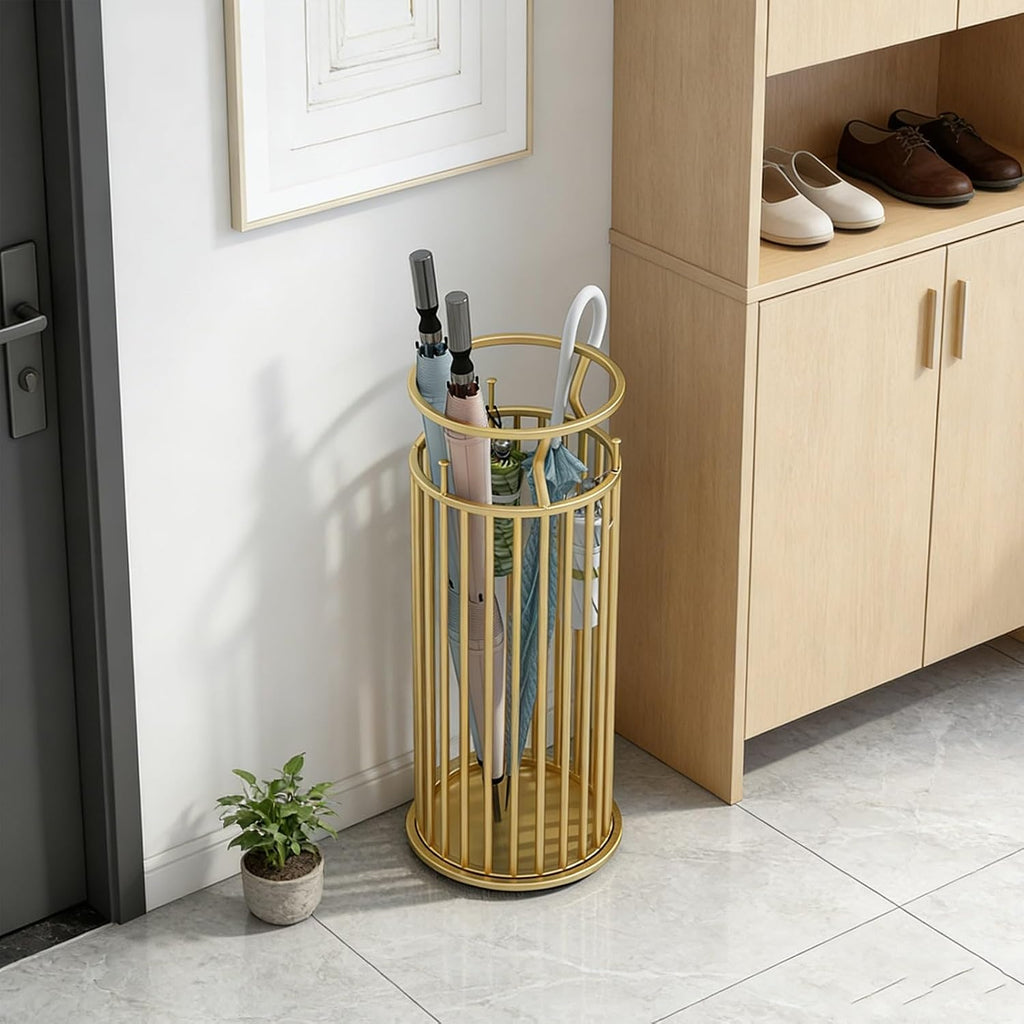 Metal Umbrella Stand with Hooks, Commercial Umbrella Holder & Storage Rack Organizer, Floor Standing Umbrella Bucket for Home, Hotel, Lobby & Entryway Decor.(Gold)