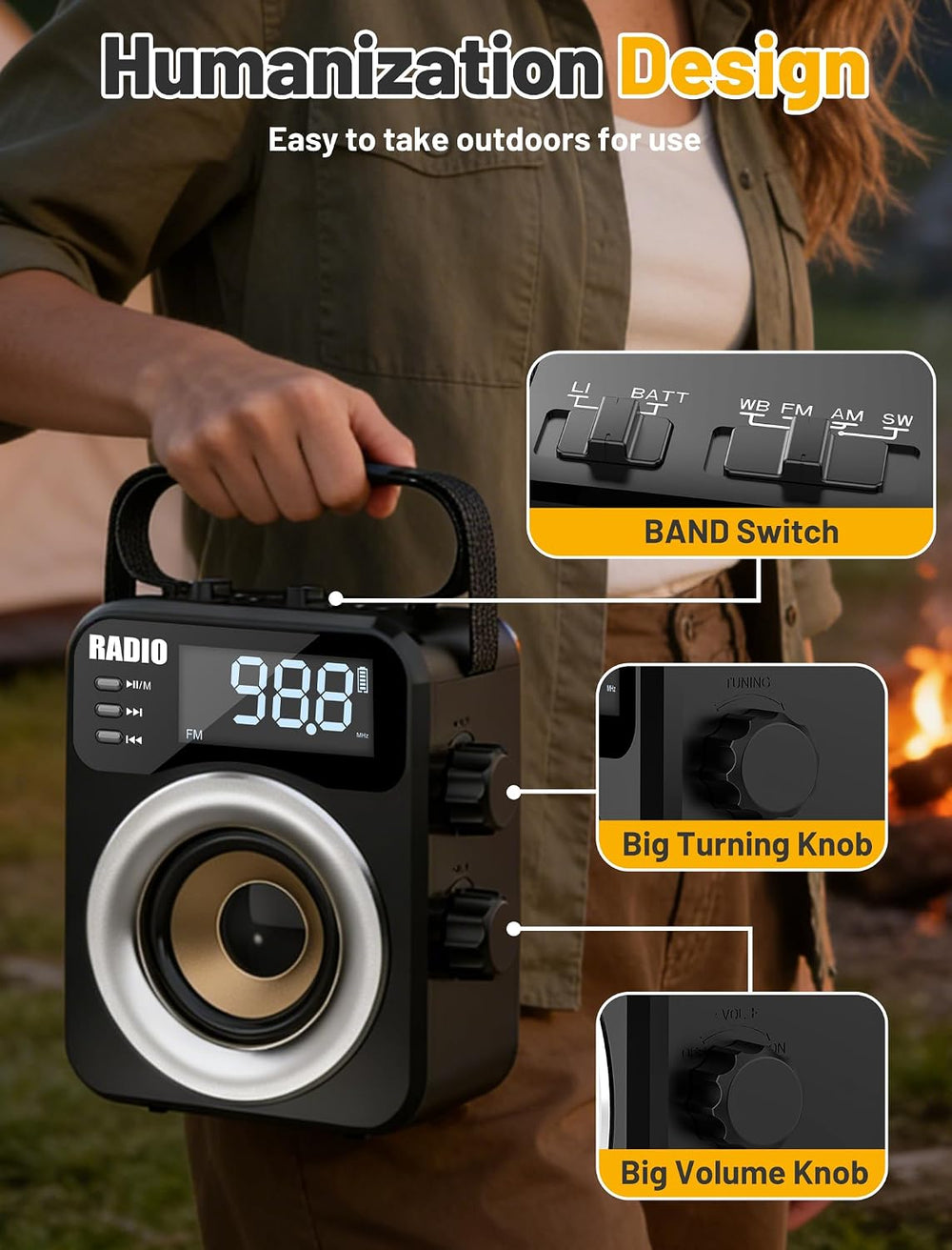Portable AM/FM/WB/SW Radio, 4000mAh Rechargeable & 3×D Cell Battery Powered
