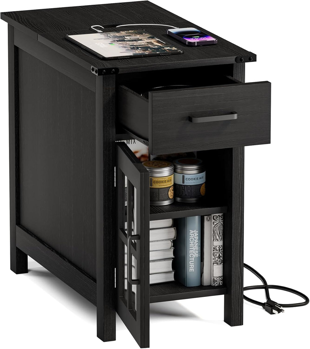 Farmhouse End Table with Charging Station, Narrow Side Table for Living Room,...