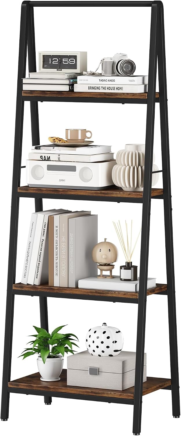 Homeiju Ladder Shelf, 4-Tier Leaning Ladder Bookshelf, Rustic and Wood Ladder Shelf Bookcase, Industrial Ladder Shelf Storage Rack for Home Office, Bedroom, Bathroom or Kitchen
