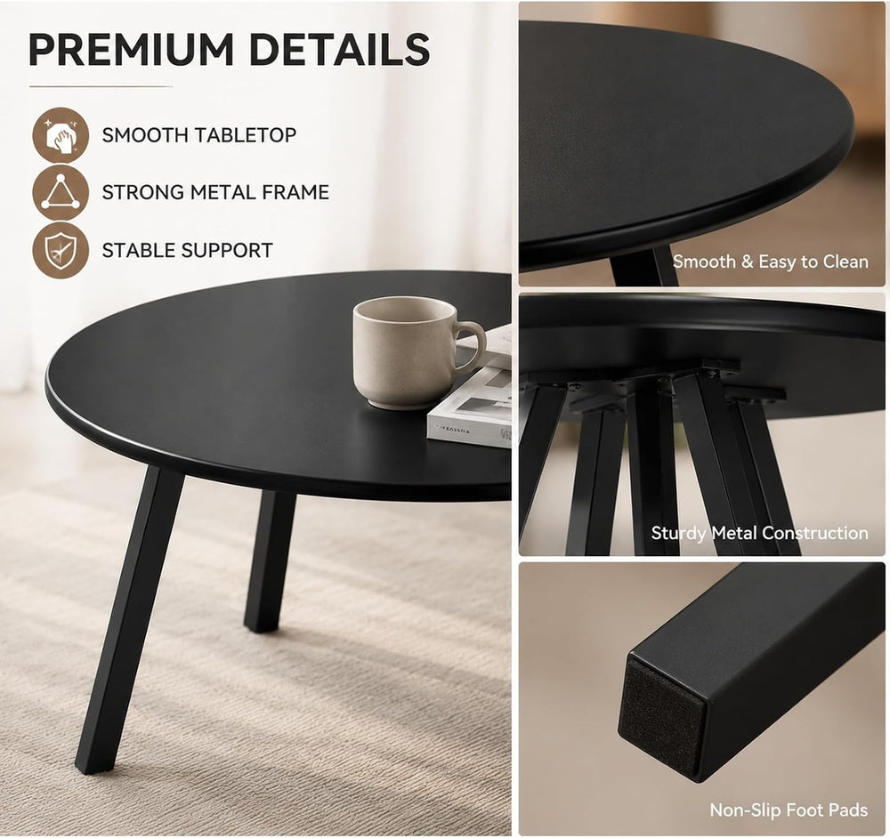 2-Piece Round Nesting Coffee & Side Table Set, Black Metal | Space-Saving...