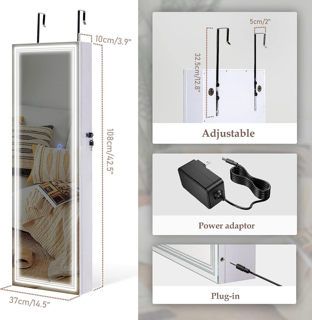 Tektalk Jewelry Cabinet with 3 Groove Mirror Lamps, Full Length Mirror, Wall/Door Mounted Jewelry Armoire Organizer with 3 Color Outside LED Lights & Interior 6 LEDs Light - White