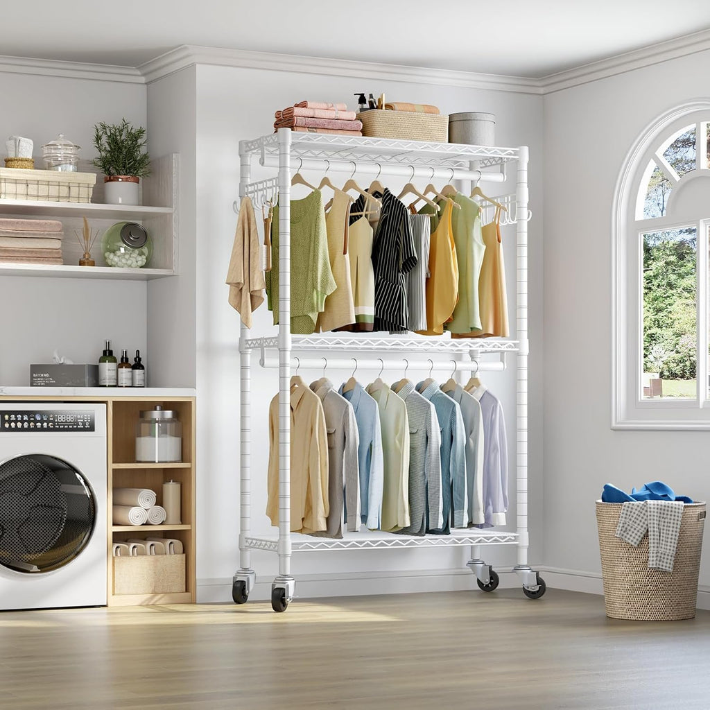 VIPEK R2 Heavy Duty Rolling Garment Rack 3 Tiers Adjustable Clothes Racks with Double Rods & Hooks, Freestanding Wardrobe Closet Storage Rack Metal Clothing Racks for Hanging Clothes, White