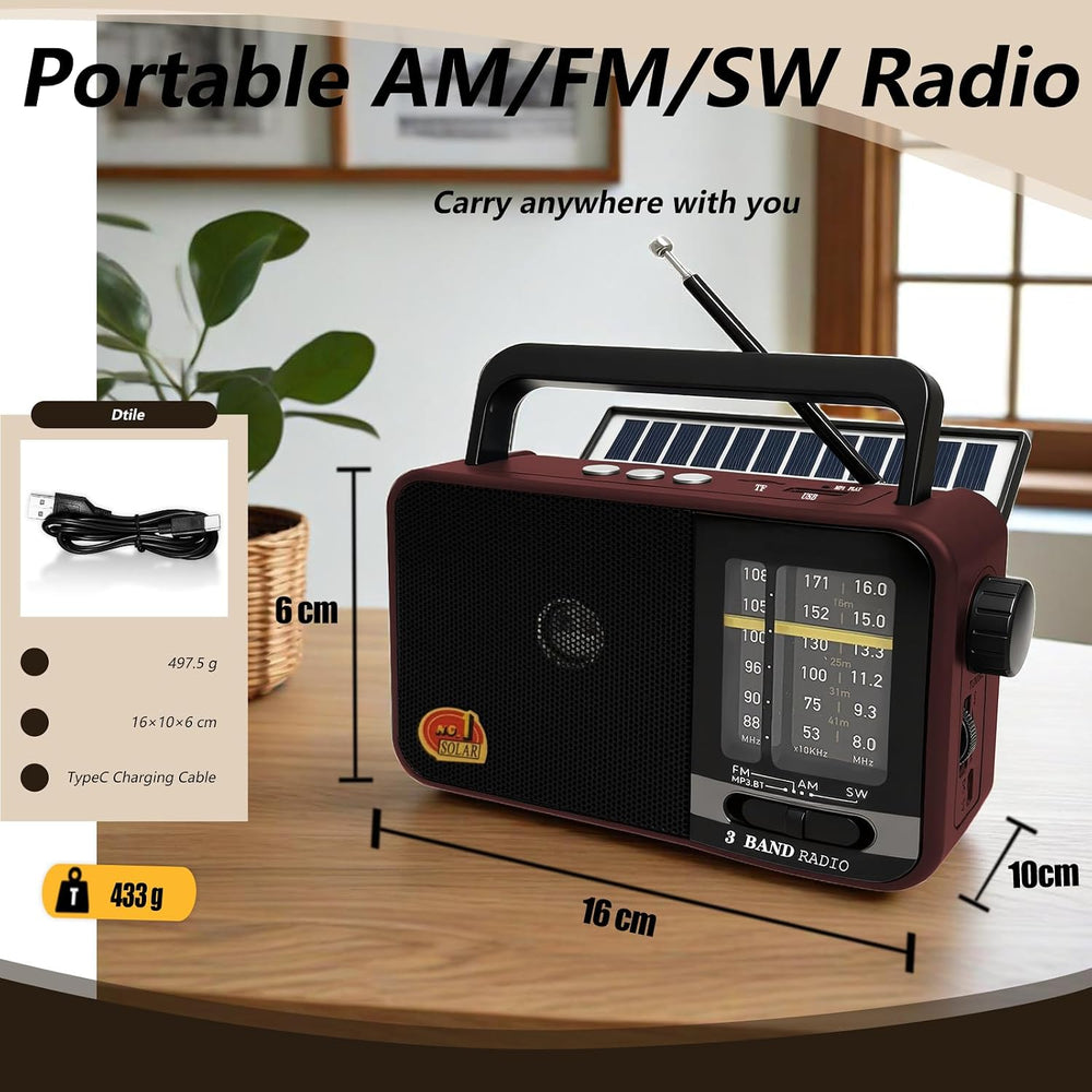 Portable AM FM Shortwave Radio, Bluetooth Solar Powered Emergency Radio