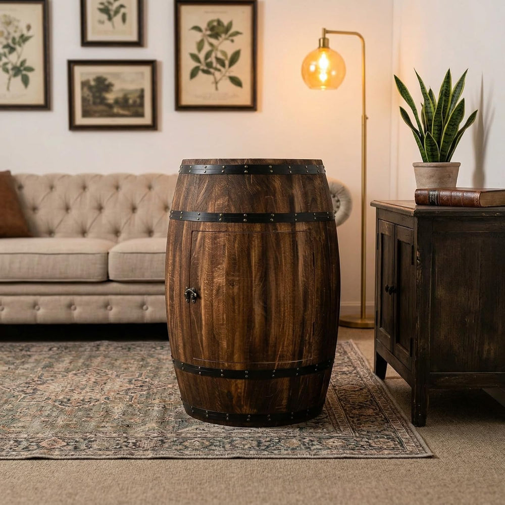 Wooden Whiskey Barrel Table Multi-Functional Wine Barrel Table For Living Roo...