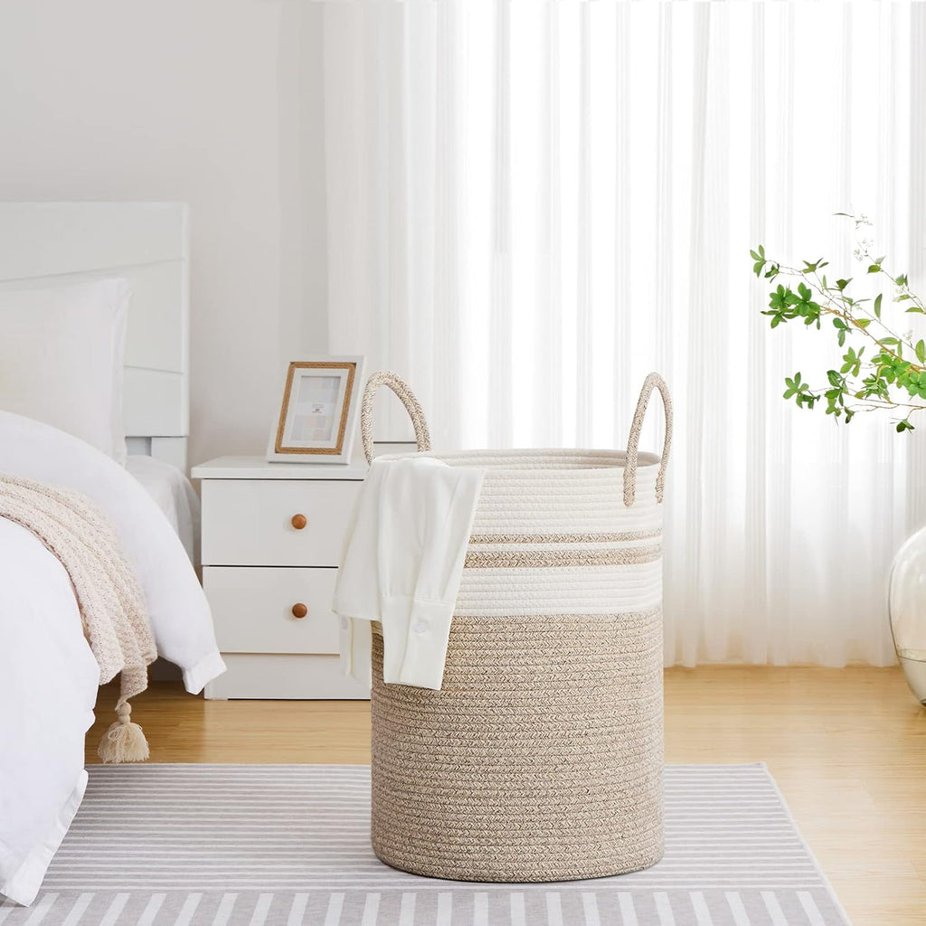 VIPOSCO Large Laundry Hamper, Tall Woven Rope Storage Basket for Blanket, Toys, Dirty Clothes in Living Room, Bathroom, Bedroom - 100L Brown & White