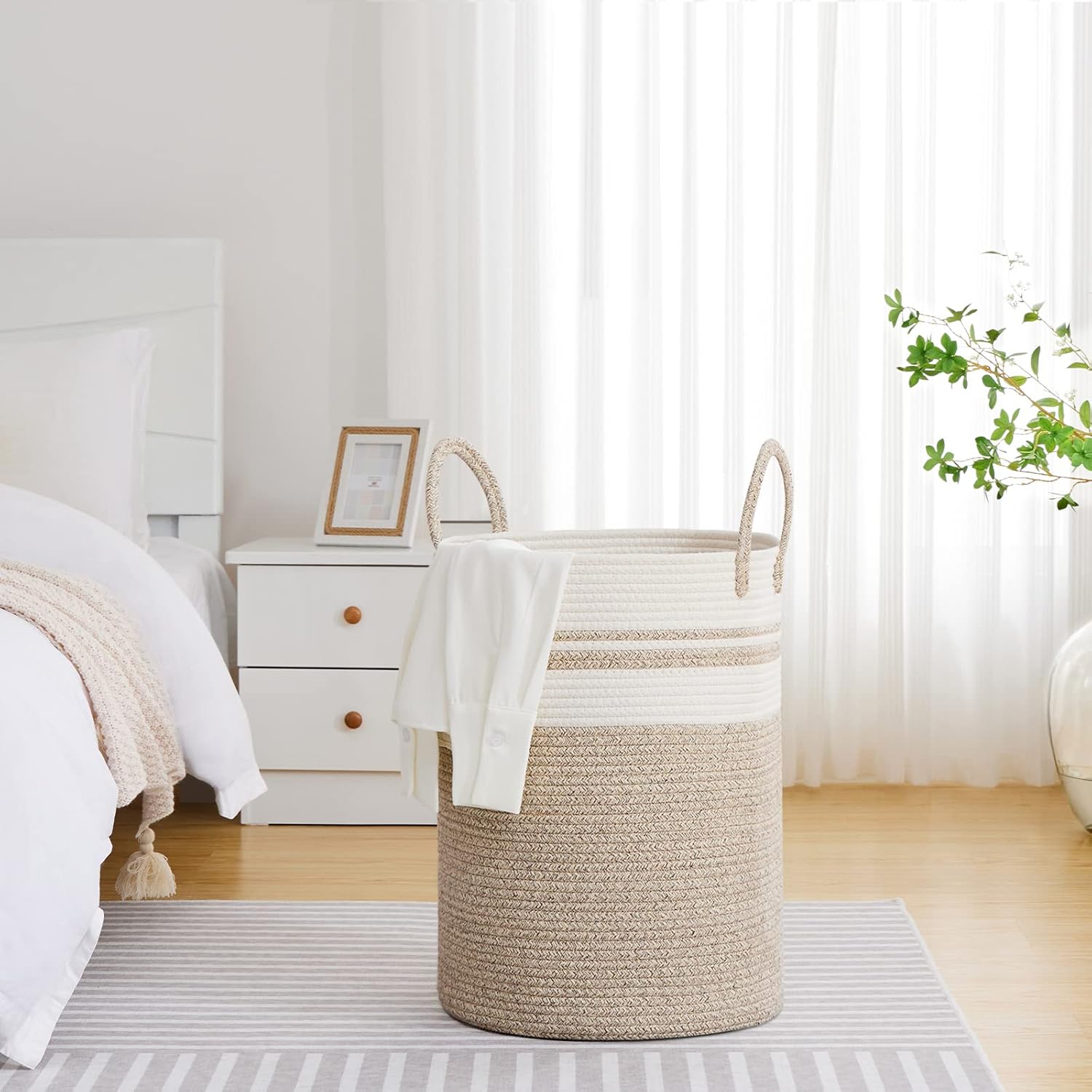 VIPOSCO Large Laundry Hamper, Tall Woven Rope Storage Basket for Blanket, Toys, Dirty Clothes in Living Room, Bathroom, Bedroom - 100L Brown & White