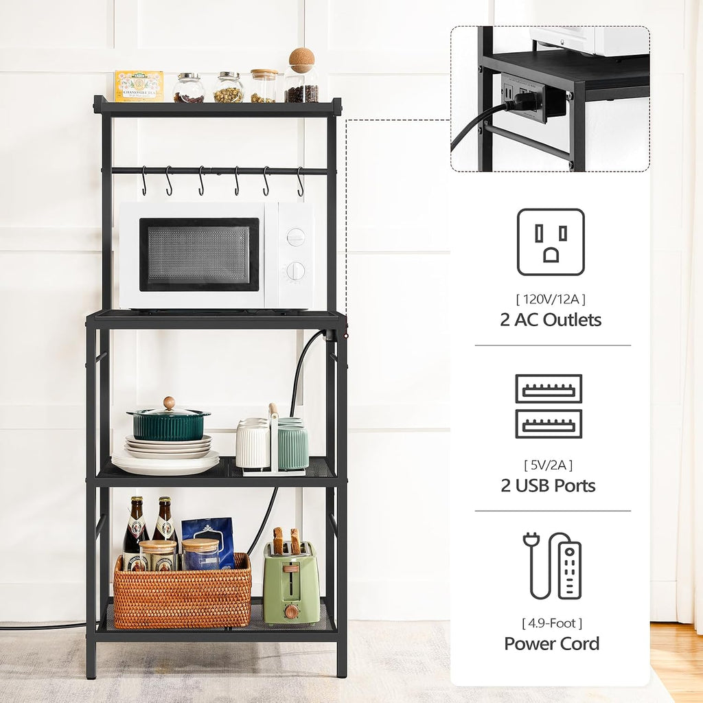 MAHANCRIS Bakers Rack with Power Outlet, Kitchen Storage Shelf with 6 Hooks, Microwave Stand with Storage, 4-Tier Coffee Bar Station, for Kitchen, Dining Room, Black BRBK35E01