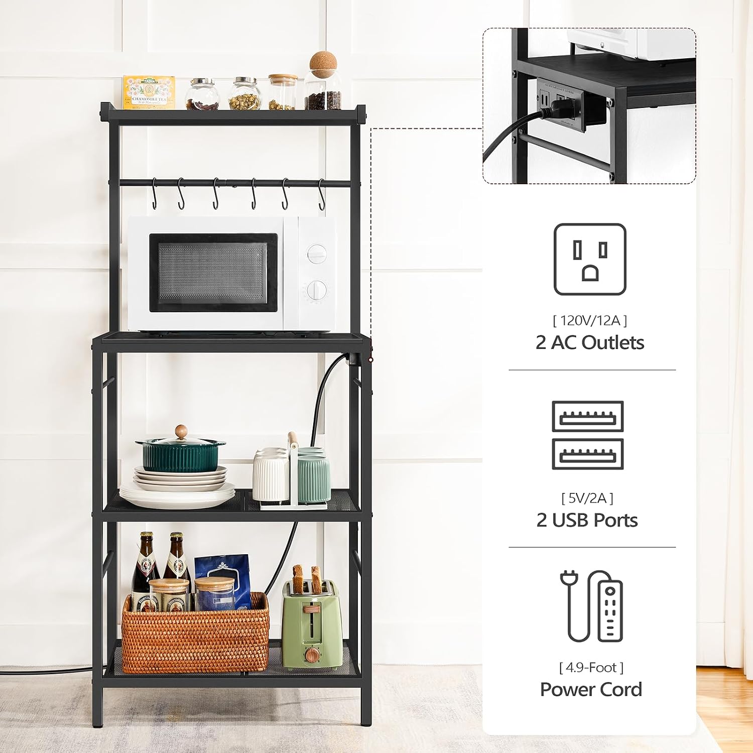 MAHANCRIS Bakers Rack with Power Outlet, Kitchen Storage Shelf with 6 Hooks, Microwave Stand with Storage, 4-Tier Coffee Bar Station, for Kitchen, Dining Room, Black BRBK35E01