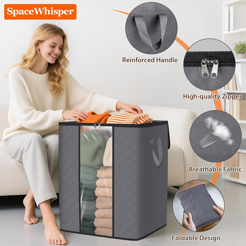 SpaceWhisper 3 Pack 100L Clothes Storage, Foldable Thick Fabric Blanket Storage Bags, Containers for Organizing Bedroom, Closet, Clothing, Comforter,Closet Organization with Handle,Grey