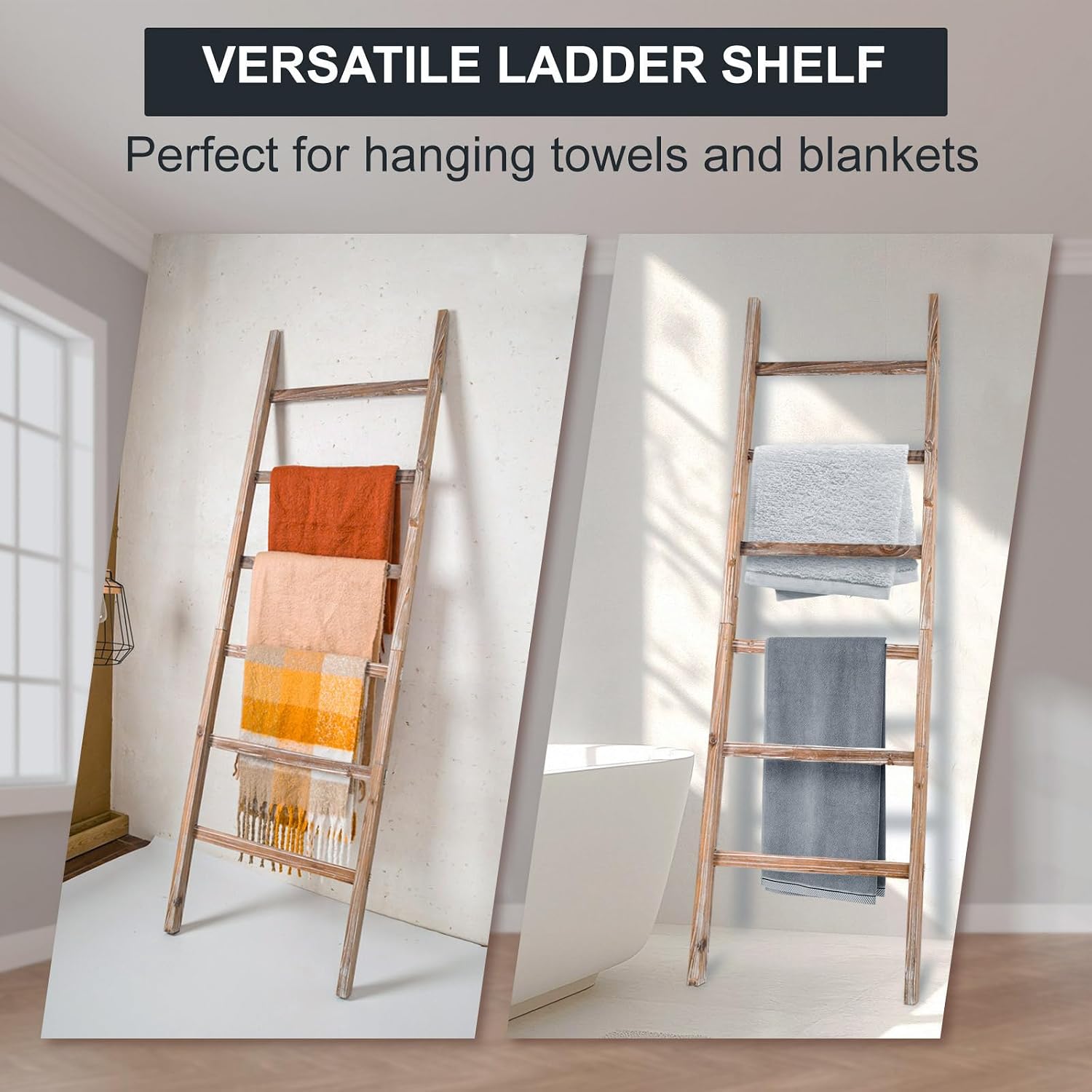 Blanket Ladder 6.4FT, Wooden Blanket Ladders for the Living Room, 6-Layer Farmhouse Rustic Quilt Rack for Living Room Bathroom (24 inch Wide)
