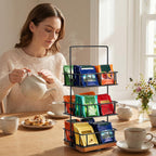 3 Tier Rotating Tea Bag Organizer, Iron and Acacia Wood 360°Spinning Carousel 150 Teabags Holder with Handle for Easy Moving, 12 Compartment Caddy for Pantry Kitchen Office Gift Giving(No Assembly)