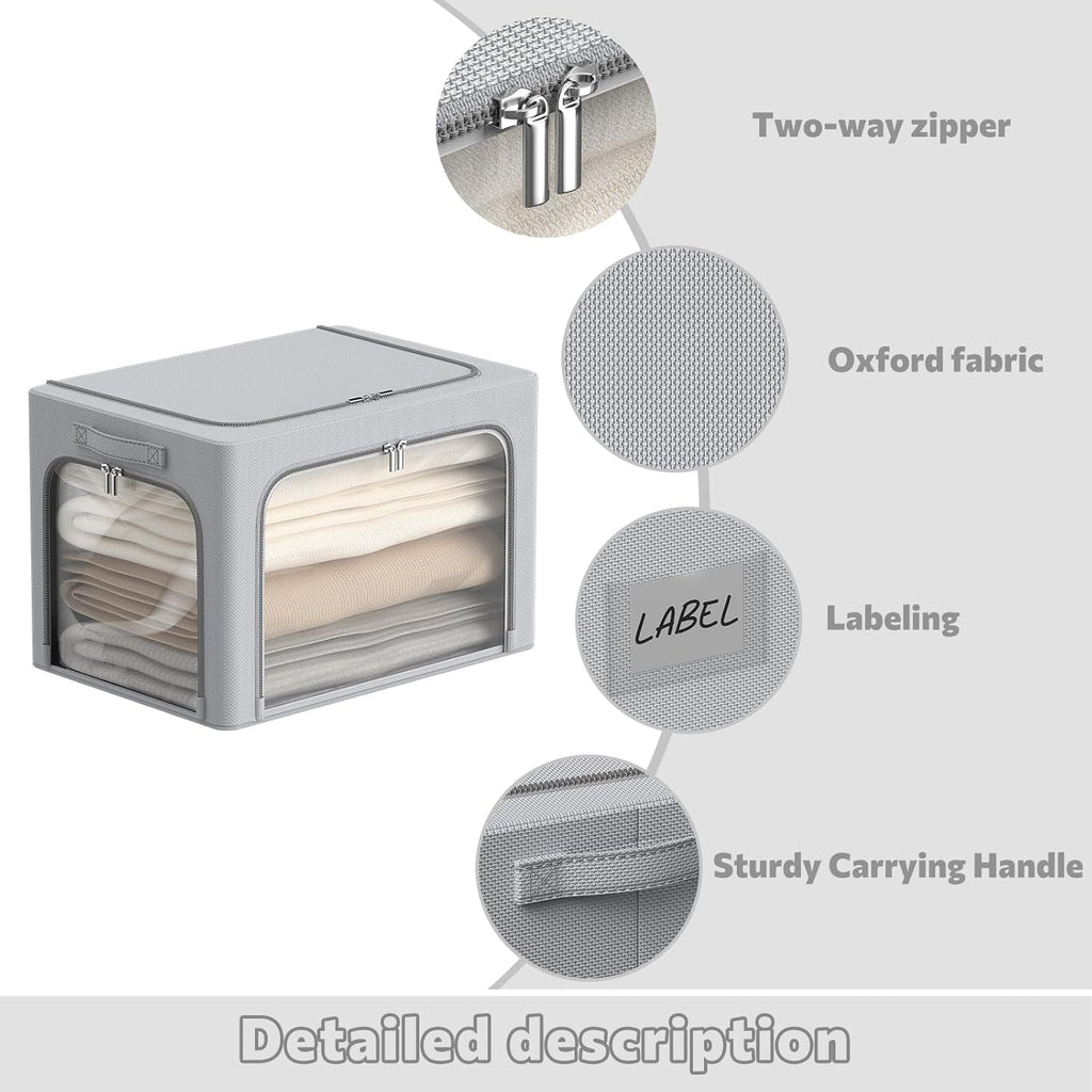 3Pack Clothes Storage Bins - Oxford Frame Storage Box Foldable Stackable Storage Organizer with 3 Openings Design, Metal Frame, Clear Window, Carry Handles (66L-19.7 * 15.7 * 13, Grey)