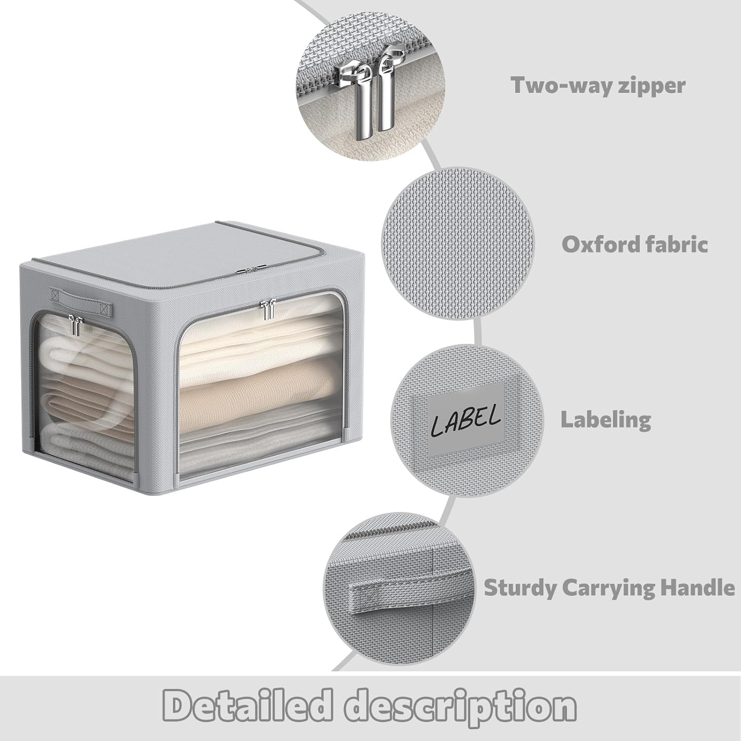 3Pack Clothes Storage Bins - Oxford Frame Storage Box Foldable Stackable Storage Organizer with 3 Openings Design, Metal Frame, Clear Window, Carry Handles (Grey, 100L-23.6 * 16.5 * 15.7in)