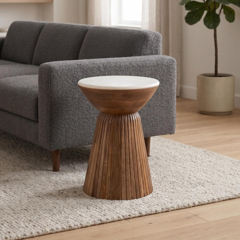 Albany Living Marble Top Mango Wood Pedestal Side Table, Natural | Fully Asse...