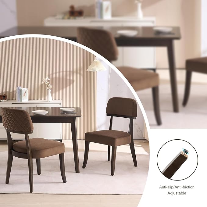 Modern Wood Dining Chairs Set of 4, Velvet Upholstered Kitchen Chairs with Open Curved Backrest & Black Hardwood Legs for Vanity, Living Room, 350 LBS Capacity, Brown