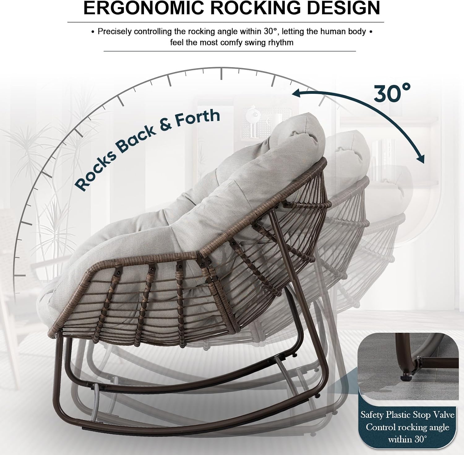 Outdoor Rocking Chair, Patio Oversized Wicker Egg Rocking Chair, Indoor & Outdoor Comfy Rocker Chair with Thick Cushion, Modern Lounge Chair for Balcony, Front Porch, Garden, Backyard, Deck, Beige
