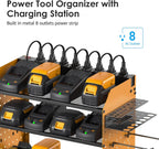 CCCEI Modular Pegboard Rack Power Tool Organizer with Charging Station. 4 Layer Wall Mount Drill Holder, Yellow Tool Battery Charger Organizer. Garage Shop Storage Utility Shelf with Power Strip.