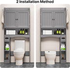 Ahomly Over The Toilet Storage Cabinet, 32.3" W Over Toilet Bathroom Organizer with Doors, Adjustable Shelves, Toilet Paper Holder, 2 Side Hooks, Space-Saver for Bathroom, Laundry, Grey