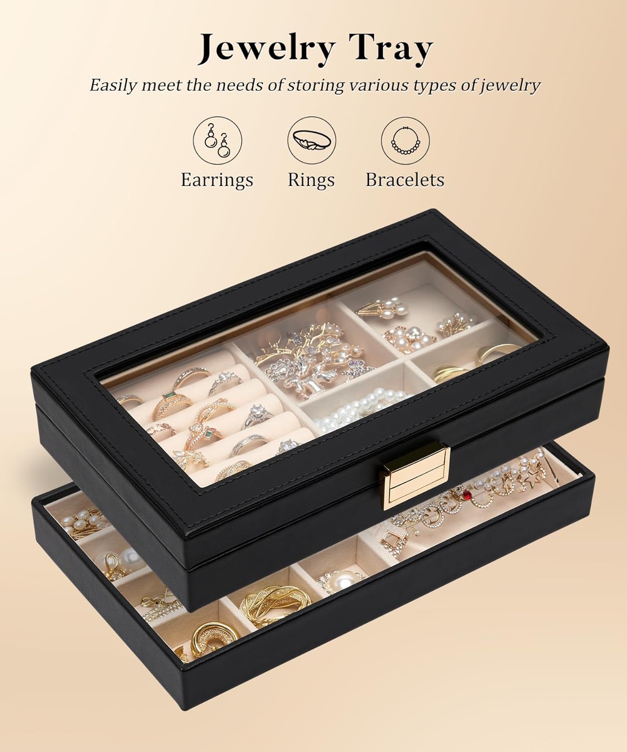 Homde Jewelry Tray Stackable Jewelry Box with Glass Lid, Removable Dividers for Vanity Table - Christmas Gift Idea for Girls and Women (Black)