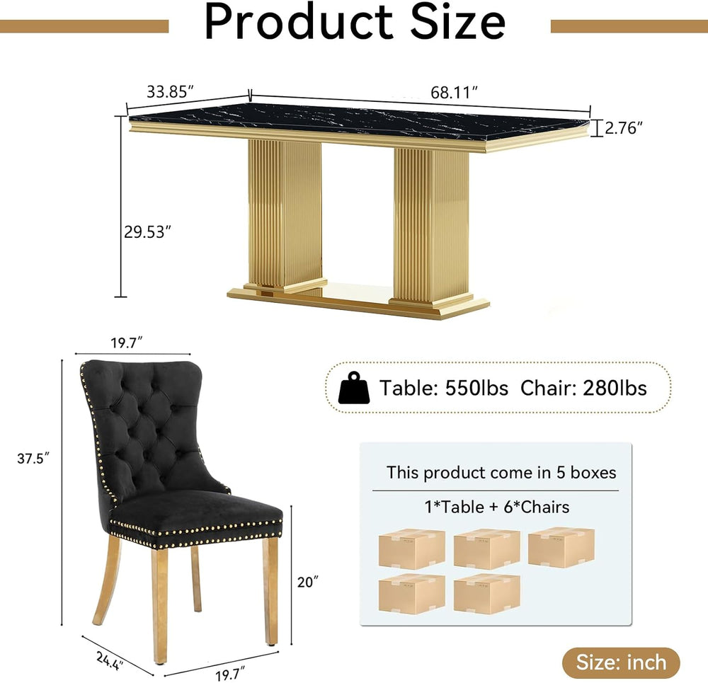 Black Marble Dining Table Set for 6,68 inch Black Marble Table with Golden Do...