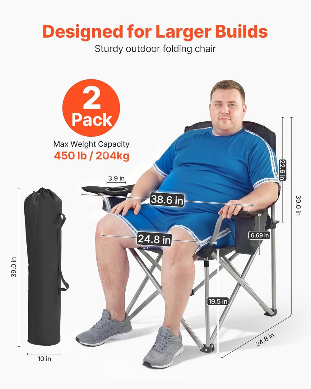 VEVOR Oversized Camping Folding Chair, Portable Heavy Duty Outdoor Quad Lumba...